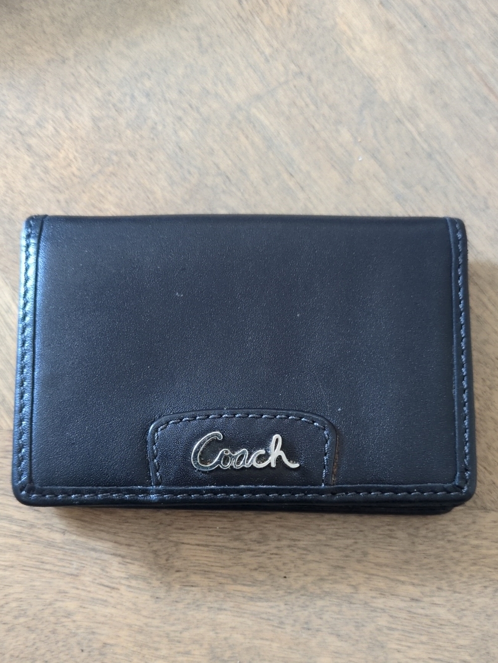 Coach Black Leather Card Holder with Signature Script Logo